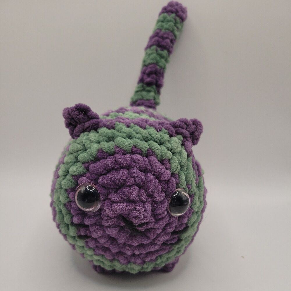 Soft Yarn Handmade Crochet Amigurumi Multicolor Green/Purple Loaf Cat Plushie